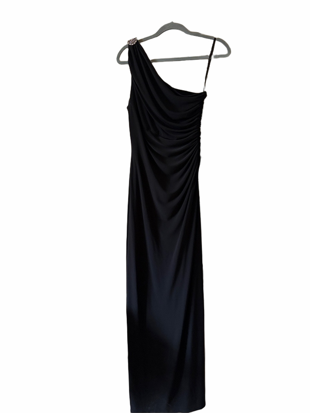 Ralph Lauren Evening- Black Ruched gown, side slit, 1- encrusted shoulder size 8